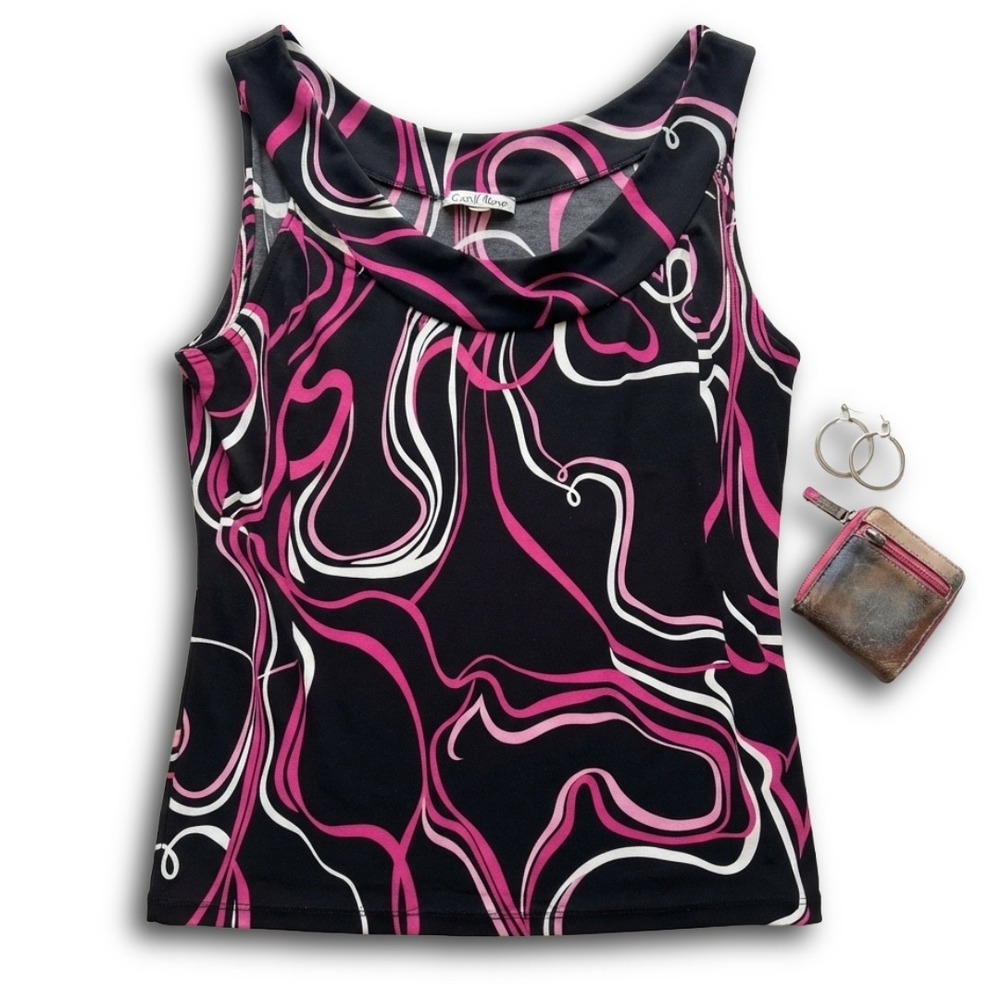 Carol Rose Womens Large Black Pink White Abstract Swirl Sleeveless Blouse Top